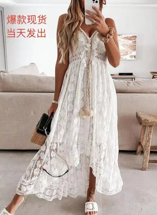 2024 Early Spring European and American Export Amazon Aliexpress Lace Suspender Large Swing Pure Color Long Skirt Dress Vestidos