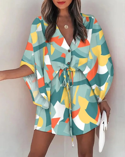 2024 Aliexpress European and American Women'S Cross Border Summer New Product Fashion Print V-Neck Lace up Casual Vacation Dress