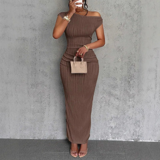Aliexpress Europe and the United States Cross-Border Summer Hot Sale New Temperament Fashion Water Ripple Slanted Shoulder Dress